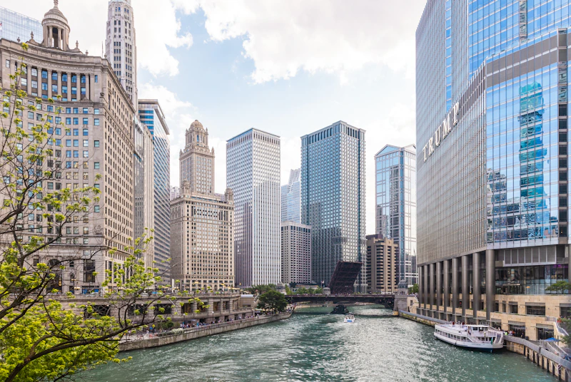 Chicago's skyscrapers rise above the river.