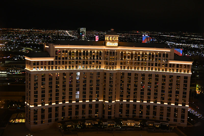 Bellagio hotel illuminated at night with city lights