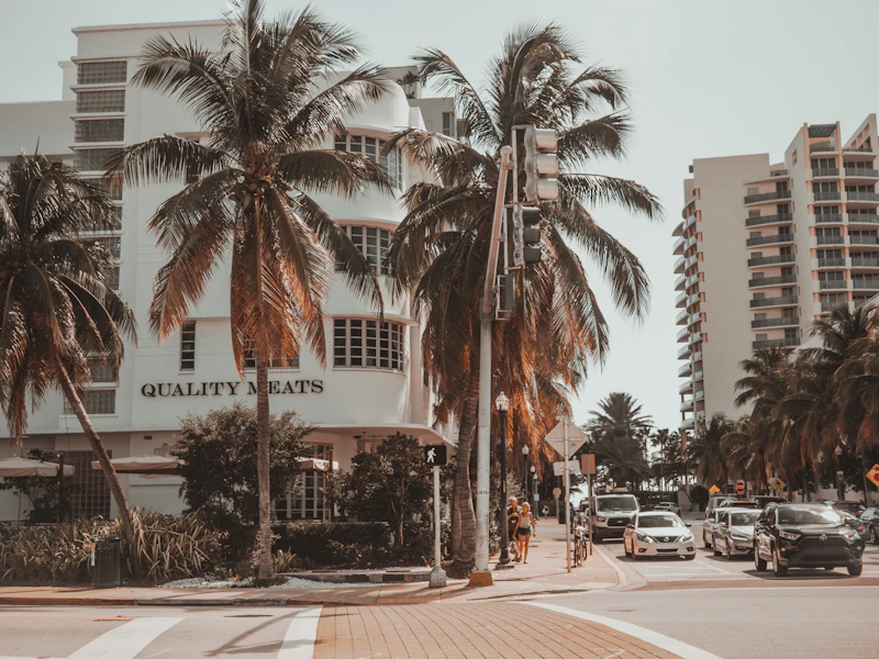 a street with palm trees and buildings