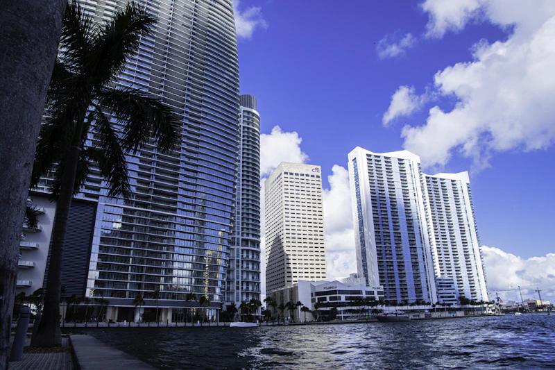 Miami skyline by the water on a sunny day.
