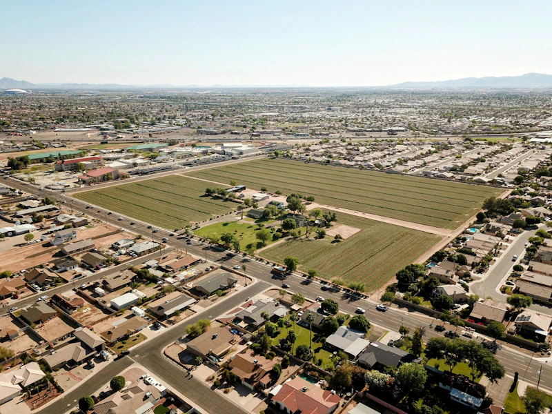 An aerial view of a suburban landscape.