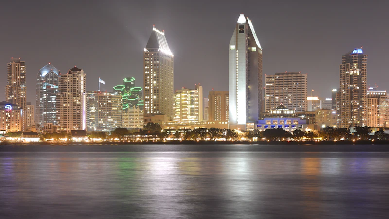 A view of a city at night from across the water